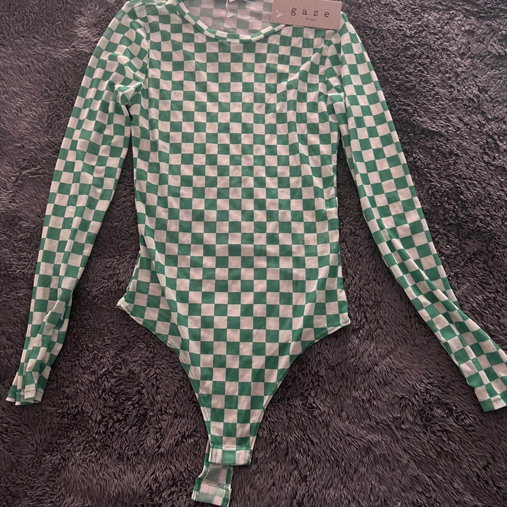 Adorable green checkerboard sheer bodysuit